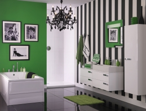 Modern bathroom, bold vertical striped black and white wallpaper on feature wall, bright green painted wall, black and white wall mounted Hollywood prints of Audrey Hepburn and Elizabeth Taylor, black crystal droplet chandelier, black gloss tiled floor, wall mounted white units, walk in shower, IH 08/2012