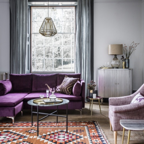 PP Paul three seater chaise in Sloe Lane deepest velvet from £1400 Joan armchair in Send Rioja flecked cotton from £499