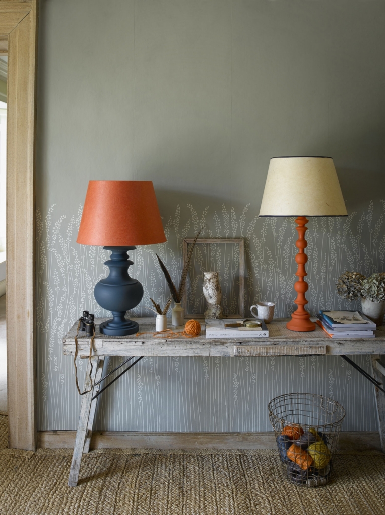 Pooky lamps in Farrow and Ball hague blue add a lovely autumnal feel to an interior design scheme