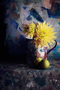 Dahlias in an pottery jug. Styling by Mary Norden, photographed by Polly Wreford