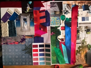 A mood board using jewel bright colours for a guest bedroom. Produced on Sophie Robinsons colour workshop