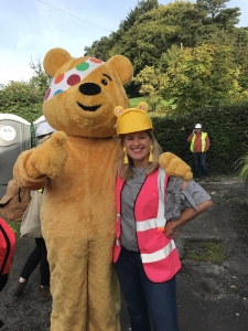 Interior designer Sophie Robinson with Pudsey bear for children in need DIY SOS