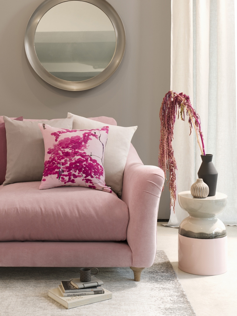 Interior designer Sophie Robinson interviews designer Anna Jacobs - blush pink sofa Chinese tree cushion