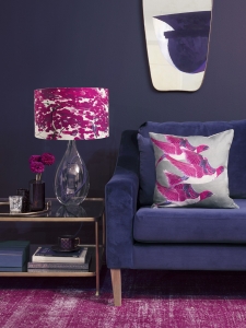 Interior designer Sophie Robinson interviews designer Anna Jacobs violet Starling lamp Indigo velvet sofa pink rug