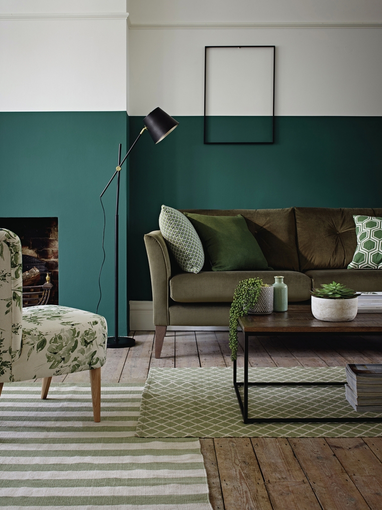Interior Designer Sophie Robinson selects favourite velvet sofas M&S Otley khaki green wall and green patterned rugs