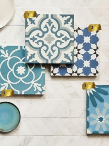 Interior Designer Sophie Robinson chooses favourite encaustic cement tiles Claybrook blue floor tiles flatlay