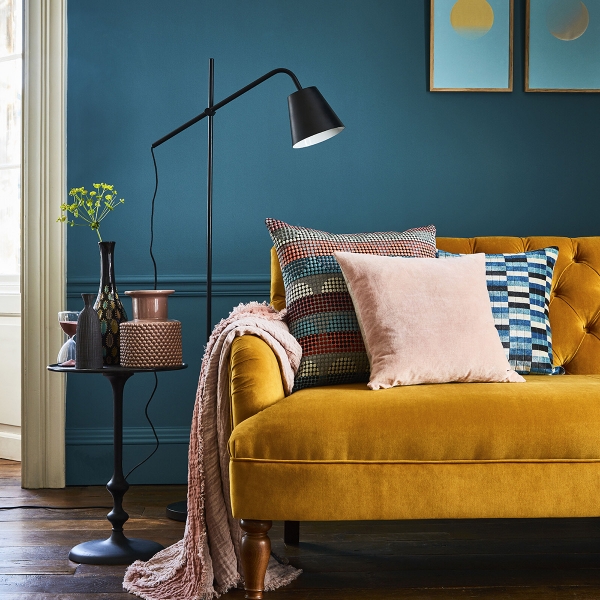 Interior designer Sophie Robinson talks about mustard trend, velvet sofa in Turmeric by Willow & Hall and teal painted wall