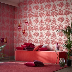 Interior designer and colour lover Sophie Robinson picks her favourite interior products following the Pantone colour of the year Living Coral Bavero wallpaper in Coral, Zapara collection by Harlequin