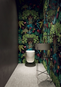 A down stoars loo or WC is the perfect place to go wild with a jungle inspired wallaper. Make the most of your mall space and interir designer Sophie Robinson shows you how on her latest interiors trend report for Jungle chintz