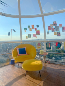 Make your home office as interesting and useful as possible, including investing in a comfy chair. Sophie Robinson showcases her ideal workspace on the one the pods of the London Eye. #workspce #freelance #sophierobinson #londoneye #fiverr