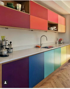 The ultimate in colourful kitchens, using different coloured doors creates a unique and stylish space. #colourfulkitchen #jenniemaizels #sophierobinson #kitchen