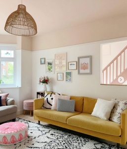A muted palette in this living room creates a calm and serene scheme. Interiors expert Sophie Robinson features her favourite rooms using her latest colour crush yellow and pink. #colourcrush #yellowsofa #sophierobinson