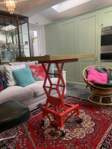 Sophie Robinson and Kate Watson-Smyth take a house tour with Rachel Khoo for the Great Indoors podcast. Full of clever ideas for small spaces, like this adjustable and movable table on castors. #smallspace #thegreatindoors #sophierobinson