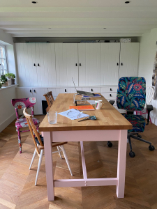 Interior designer Sophie Robinson admits on the Great Indoors podcast that her home office is a decorating disaster after she painted it white. She cannot feel inspired in blank space so will introduce colour on the walls and on the tongue and groove fitted storage. #homeoffice #thegreatindoors #sophierobinson