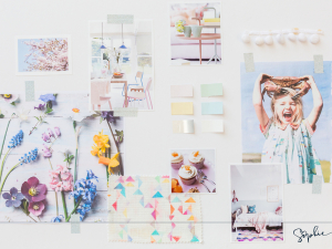 A look at Colour psychology and the seasonal personalities on the Great Indoors podcast. Here Sophie Robinson's Spring mood board shows busy prints, reflective textures, and a joyful style supports the light loving Spring personality. #thegreatindoors #colourpsychology