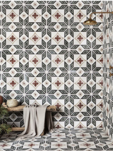 Bert and May bold encaustic diamond patterned tiles all over wet room.