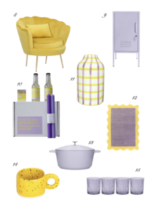 Cut out products in lilac and yellow picked by Interior designer Sophie Robinson