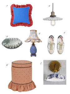 Shopping page featuring interior items and shoes with ruffles by Sophie Robinson