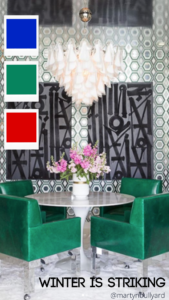 black and white geometric wallpaper, modern green velvet dining chairs and colour swatches showing the winter personality by Sophie Robinson