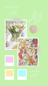 Digital moodboard, bright green background, picture of tulips in vase, paint swatches and floral pattern by Sophie Robinson