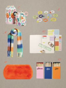 Sophie Robinson Christmas gift guide, striped scarf, faux fur orange clutch bag, colourful matches, colourful glass rings