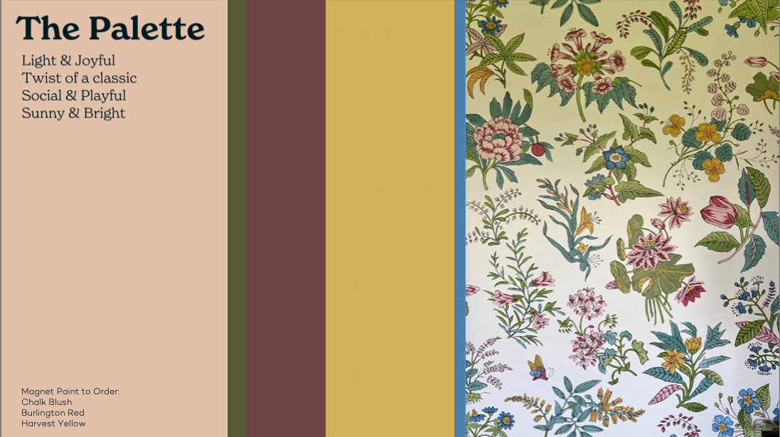 Stripes of colour side by side showing Magnet Chalk Blush, Burlington Red and Harvest Yellow. The Harlequin floral wallpaper is also shown with a blue and green colour stripe added to the palette. 