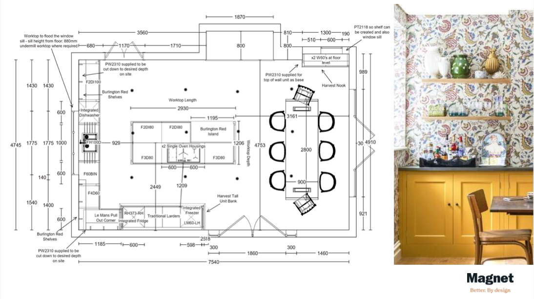 Right: An indepth plan of the the new Magnet kitchen layout with measurements and specified paint colours. Left: Inspirational image of open shelving on floral wallpaper, above bright yellow kitchen floor units.