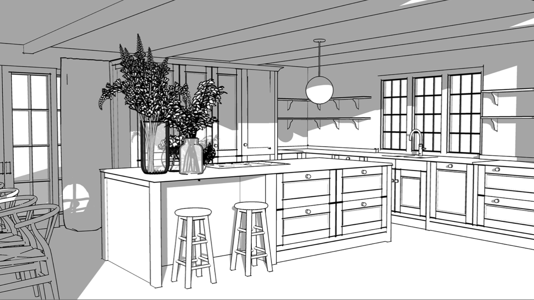 Black and white line illustration of the proposed kitchen showing the island with bar stools in front, and units and window behind.