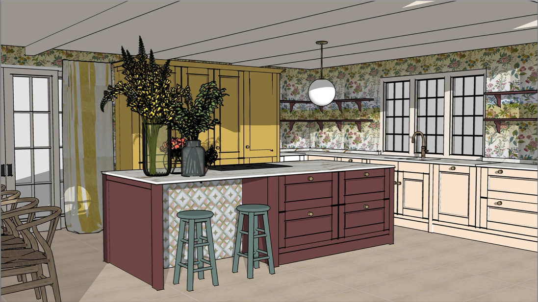 Colour illustration of the kitchen with island in Red Burlington, floor units behind in Chalk Blush and tall units (housing the larder and fridge/freezer) in Harvest Yellow. Walls have white floral Harlequin wallpaper and open shelving in Burlington Red. Floors are neutral.