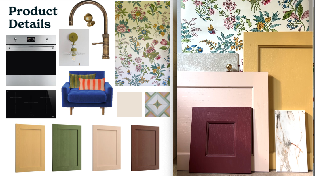 Product Details Moodboard featuring the different colours used on the units, floral wallpaper, brass taps, chrome oven, blue velvet armchair and marble worktop.