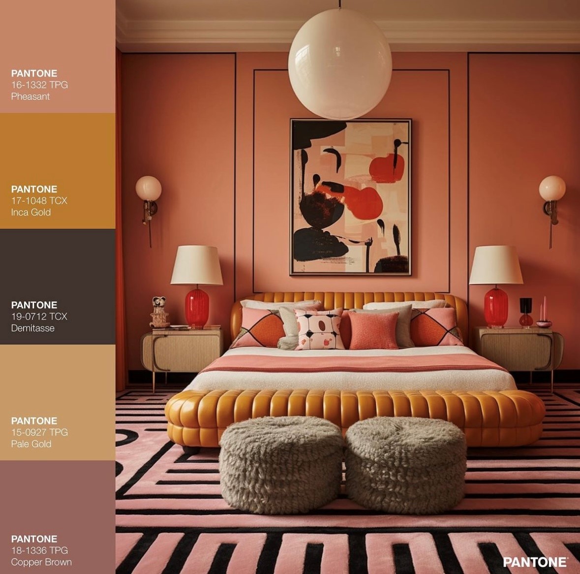 AI generated image of bedroom with large yellow bed in the centre, decorated with geometric patterned cushions, an abstract piece of art on the paneled walls. To the left of the image are the Pantone colours used in the image.