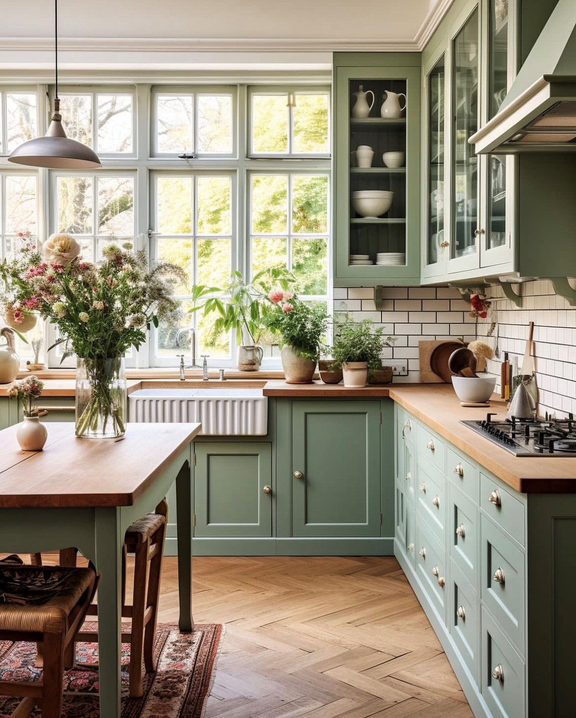 AI Assisted image of a beautiful kitchen. There are large windows with a butler sink in front of them, green units with a wooden worktop and wall units displaying a mixture of white crockery