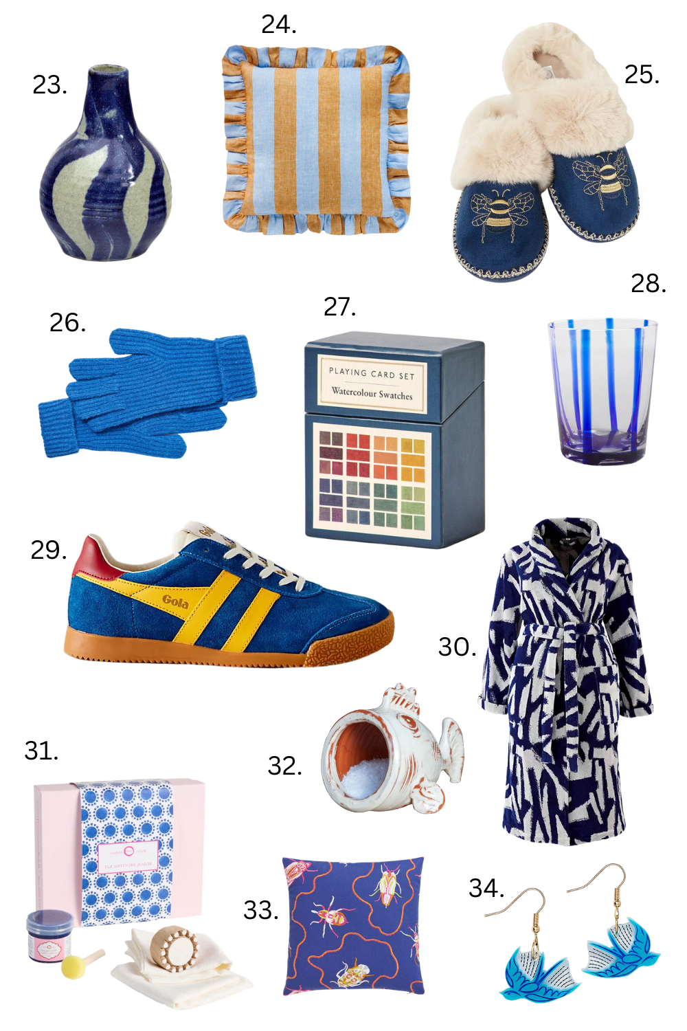 Graphic with 10 items for the Colourful Christmas Gift Guide on a plain background. These gifts are all from bright blue palette featuring cobalt blue, navy blues and a pop of mustard. 