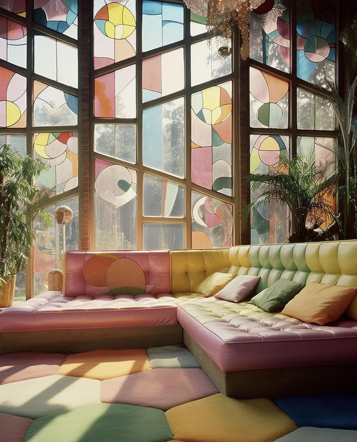 AI generated image showing a large multicoloured modular corner sofa with floor to ceiling windows behind in various shapes with colourful stained glass circles, arches and squares.